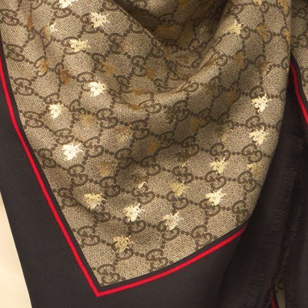 Gucci Black Silk GG Bees Scarf